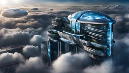 medium shot photo from high-tech futuristic office building between in big clouds , glass and metalic walls, tall, cyberpunk, blue, and dark colors with a landing dock of futuristic ergononic car and taxi, and airship floating in the clouds, blue-white sky, cold colors, high detalied, sharp focus, sci-fi mood