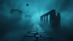 passage over nothingness, surreal, dark and cold abstract artwork dominated by deep blue, icy cyan, charcoal black and muted steel-grey tones. An narrow passageway emerges from an abstract distorted weird landscape, surrounded by thick fog and drifting mist. The space feels nightmare, alien and unsettling, with floating circle and line geometric forms, black onix column architectural fragmented and unnatural perspectives. At the center of the composition cracked stone way over abyss