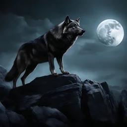 big black wolf, howl, realistic, photographic, the wolf howls at the moon, dark