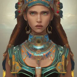 war painted pueblo Indian female,detailed eyes, blue eyes,, disturbed expression.intricate detaile,thnically accurate face, intricate head dress,detailed turquoise jewelry, detailed hair, detailed feathers, use dynamic palette, accurate proportions, high contrast black smokey bokeh background.studio ghibli,andrea bonelli, korra character, style.