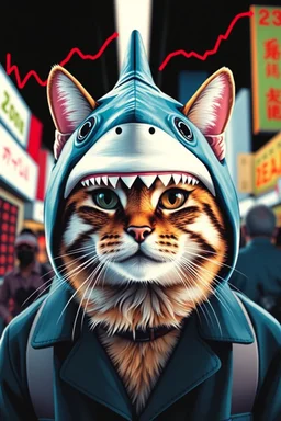 cat with shark mask hat solana nasdaq red charts crashin japanese style in the style of warhol