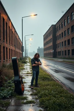 a very disappointed member with guitar case of a hard rock band who has been kicked out of a rehearsal space in Sweden, old factories style with bricks, deserted place overgrown plants and grass, he stands outside in the rain and cries, street lamps shining, raindrops, wind, empty roads and cycle paths next to it
