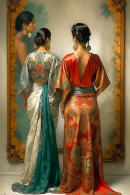 2 mexican woman painting neoclassism standing from the back whole body zoom out