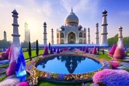 cascade,a magical crystal blue gold taj mahal,flower parc bougainvillier, blue lake,sun,white swanns,pink vertical, blue lake,sharp, vines, candlelit, endor, ornate, elegant, highly detailed, artstation, concept art, smooth, sharp focus, illustration, 8k, splash art, wallpaper, key visual