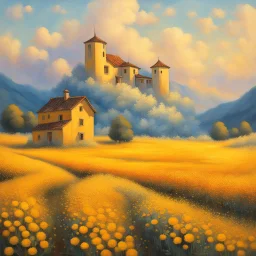 painting of a house in a field of flowers, inspired by Guido Borelli da Caluso, yellow hue, dotart, dragan bibin, fantasy italy, golden colour, jingna zhang, golden hour, perfect Wide long shot visual by @challenge2pt masterpiece.