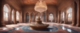 Hyper realistic detailed inside historical indian castle with chandeliers & ceiling paintings & glass work on pillars with beautiful carpet & water fountain