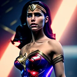 Wonder Woman, athletic body, big breast, Bracelets of Submission, red top, red boots, blue leggins, tiara with star, beautiful Halston Sage Face, CRyEngine, 8K resolution, diffuse light, Hypperrealistic, full body image, High detail,photo realism HD render professional light,Cinematic Lighting, Studio Lighting