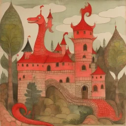 A pale red woodland castle with a dragon designed in cave paintings painted by Paul Klee