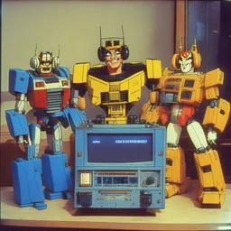 Optimus prime, bumblebee and ratchet at the radio station podcast show, 1990 sitcom style tv show.