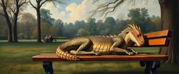 master oil painting by Rembrandt, flat dragon person sleeping on a bench in the park