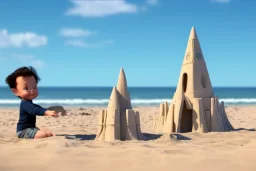 Toddler elon musk building a tall rocketship sand castle on the beach