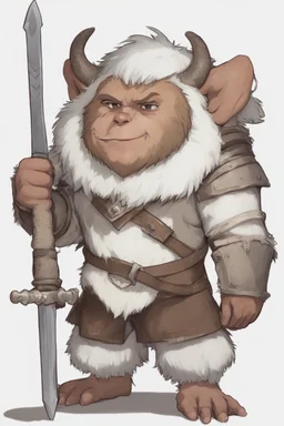 Dnd a young bugbear with WHITE fur and leather armor with swords