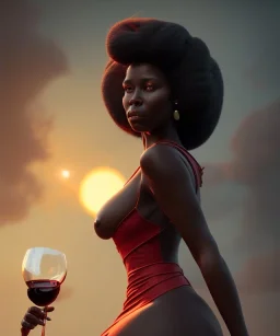 Negra Francisca, beautiful, curvy body, mature African slave, simple red fabric dress, beautiful long black hair, red headband, head and shoulders portrait, holding glass of wine, 8k resolution concept art portrait by Greg Rutkowski, Unreal Engine 5 volumetric lighting