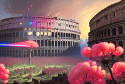 cyborgs fighting against each other in roman colosseum, perfect, sharp,red blossoms, laserweapongs,8k quality, cyberpunk art, neon lights, rustical, old technology, pink shining, showkampf, antik, römisches empire, wide angle,Art by John Berkey and John Harris and Craig Mullins, futuristic cyberpunk city, high rise, smooth, sharp focus, hyper detailed, digital painting, elegant, centered, detailed, neon signs, volumetric lightning, brutalist architecture, 8k, flying hover cars