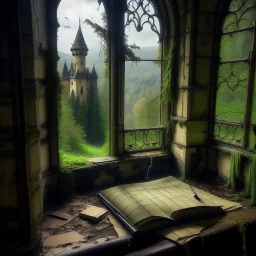 una libreta en un castillo abandonado con un bosque de fantasia en el fondo