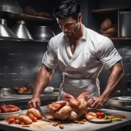 Hyper realistic very handsome shirtless muscular short black hair male chef cutting chicken in a dark kitchen