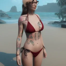 librarian in a bikini with chest tattoos