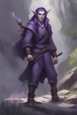 firbolg with dark purple shor hair with lilac skin