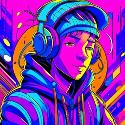 masterpiece, intricate details, a wide angle 2D anime bold line flat color illustration of a cheerful boy in a high purple hoodie and headphones in hip hop style, dopamine style, overlaying mixed patterns of pop art text and emoji device installations, sharp focus, charming character illustration, beautiful vibrant kuler palette gradient