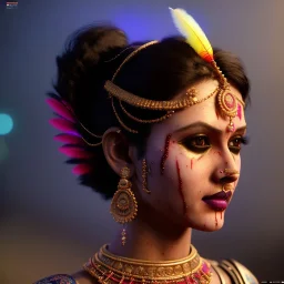 pretty indian cyber woman, cold ambient, latex, cables, purpurin, blood, black, gold, piercings, brown, decorative color feathers, circuits, neon style, a lot of led lights, fog, rain, vibrant color, highly detailed, art stations, concept art, smooth, unreal engine 5, god rays, ray tracing, RTX, lumen lighting, ultra detail, volumetric lighting, 3d, finely drawn, high definition, high resolution.