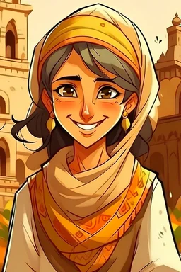 Creat a picture of a cartoon resemble my lovely lady called Ahlam which leave in Sanaa Yemen, she has a lovely smile and wear a traditional Yemeni clothes the back ground is old Sanaa Yemen wearing Yemeni cloths