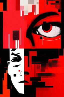 skip skip skip vs art jux tox, arafed abstract red patterns, cyberpunk juxtapositions parallel with arafed probabilities, no outlines, 2D photography, glitch pattern background, eye closed, eye reduced to single line, slight smile, dramatic, dynamic, tilt dynamism, double exposure, negative space, liminal space, tint leaks, glitch fragments, scream vibe, caffeine vibe