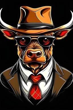 Big wild muscular bull in hat , tie and sunglasses