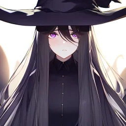 Clear focus,8k,Beatiful Lighting,Beatiful Blur,Beatiful Face,Beatiful Shading,Black long hair,silky hair, long silky bangs, Purple eyes, wearing a witch outfit, extreme close up