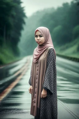 Wanita Indonesia cantik muslimah berdiri di tepi jalan yang sepi saat hujan deras