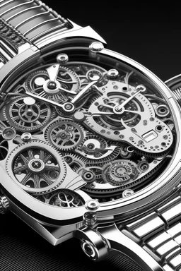 Generate an image that seamlessly blends the elegance of a silver AP watch with the precision of cogs, embodying a sense of stability and resilience for those embarking on a mid-journey experience."