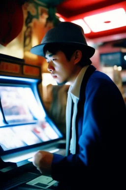 A yung detective art from japanese style 1980 movie. Heavy metal arcade. perfect lighting, leica summicron 35mm f2.0, kodak portra 400, film grain. hangover post party, wasted.