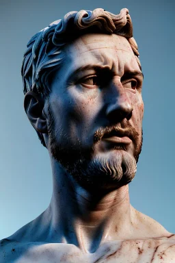 Ultra Realistic image, classical renaissance sculpture, marble material, Lionel Messi, emperor style, chisel style, waist up portrait, epic, celestial, cinematic lighting, God light, god rays, 4k resolution, smooth details, ornate details, soft lighting, unreal engine 5, sky background.