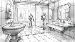 A futuristic bathroom with a glass floating bathtub and mirrored walls and the small cleaning robots are taking care of the maintenance, pencil drawing