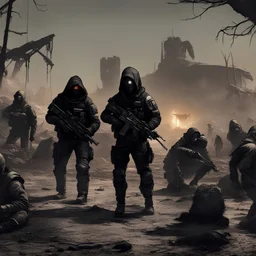 Futuristic soldier in ballistic black mask, black hood, black damaged armour walking around dead corpses of other soldiers with massive Futuristic sawv0.2