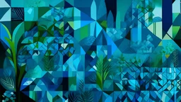 A sharp, geometric and realist digital photo of an abstract garden. Colors are electric blue, dark green and light grey.