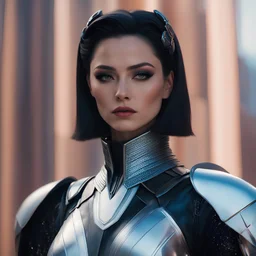 a close up of a person wearing a costume, still from alita, wlop and andrei riabovitchev, retro futuristic fashion, deity), woman with porcelain skin, style of laura sava, futuristic utopia, trevor brown style, 2 0 5 0 s, shoulder pads, 2070s