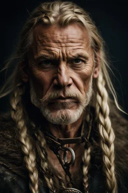 portrait of a 60-year-old viking ,blonde beard and long blond hair with Two small braids. Rugged face with a scar on his cheek. dark fantasy