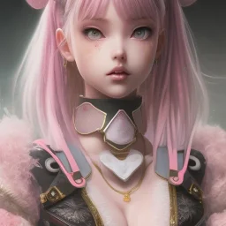 Detailed cute anime rabbit girl, pink hair buns, pink bangs, black latex bodysuit, intricate details, full body portrait, keep head in frame, slight smile, black Japanese motif, concept art, highly detailed, digital painting, concept art, sharp focus, illustration, art by Yoji Shinkawa, WLOP and greg rutkowski and alphonse mucha and artgerm and yanjun Chen and Junji ito and Makoto Shinkai, HDR, octane render