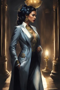 The High Priestess: Dressed in elegant attire, her eyes shimmering with a mix of power and allure, The High Priestess approaches Detective Samuel Cross in a secluded corner of the dimly-lit room. Ah, Detective Cross, a man of honor and ambition. I have an offer that may pique your interest. Detective Samuel Cross: Startled, his eyes narrowing suspiciously. High Priestess, what brings you to me with such clandestine intent? I have always upheld the law and fought against those who seek to corrupt