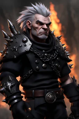 3d, unreal engine, fierce expression, pale ashen skin, short grizzled man, halfling, purple spiky hair, black detailed heavy metal armor, spiky black metal shoulderpad, black armored metal pants, realistic, realism,yellow eyes, belt, multiple weapons sheated, chain strapped on the belt