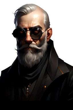 saint gunman with round sunglasses and a black coat and a gray beard balding with a scar across the right eye in the wild west, grimdark realistic