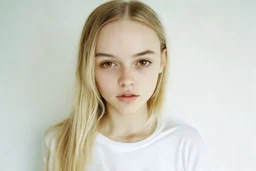 Polaroid, lilyrose Depp, cheveux long blonds sésans frange, yeux marron, petit nez, visage poupin, t-shirt blanc, fond blanc