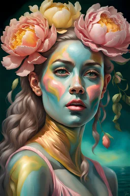 PHOTOREALISTIC PORTRAIT OF A GIRL of Cirque dU soleil, WALKING ON THE SHORE AT THE MOONLIGHT, AND EMBRACING PINK YELLOW PEONIES, VIVID METALLIC colors: torquoise, pale salmon, persimmon, grey-green , pale lemon yellow, greenish gold, metallic bronze. ULTRA detailed; CORRECT anatomy, FACE and eyes, HIGH RESOLUTION AND DETAILS, HIGH DEFINITION, STYLE BY RAFFAELLO, MICHELANGELO, KAROL BAK, ANDY WARHOL, Anna Dittmann