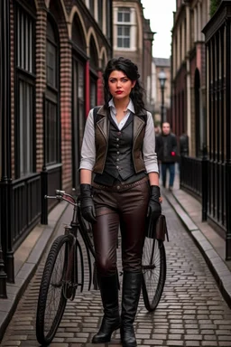 full-height portrait of a woman with straight shoulder-length black hair, with metal arms and legs, dressed in leather trousers, and a waistcoat, in a Victorian street next to a steampunk bike