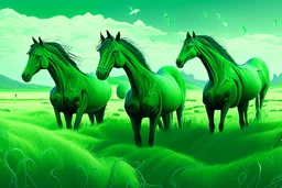 illustration fantasy green horses in a field from afar