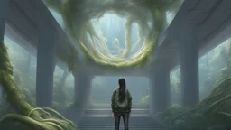 floating alien jellyfish, rampant foliage, and vines, inside a vaulted alien building, woman with black hair in a ponytail, in camouflage trousers and jacket, photorealistic, Intricate Detail, sunny day