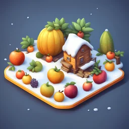 create a plate fruits into cartoonist hut style model isometric view for mobile game bright colors render game style snow style