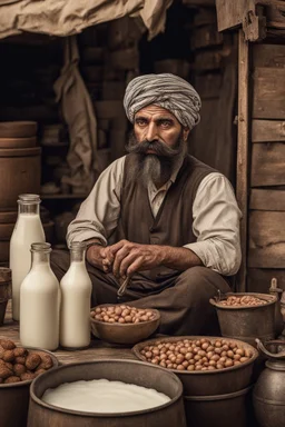 Turkish milk seller with a big mustache and soft beard wearing a turban in 1900 Ultra-wide angle Highly realistic precise details Detailed panoramic view Detailed distance Professional Quality 4K