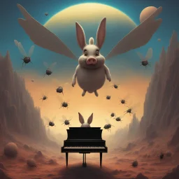 monochromatic black and white bugs bunny composer piano, diffrent planet, one swine pig piggy flying wasp angel, beksinski style daker theme