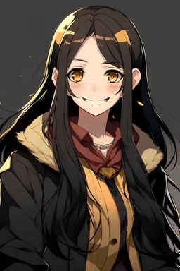 anime character, white female with long black hair, 17 years old, devilish smile, blushing cheeks, black flanel coat, gold trinket